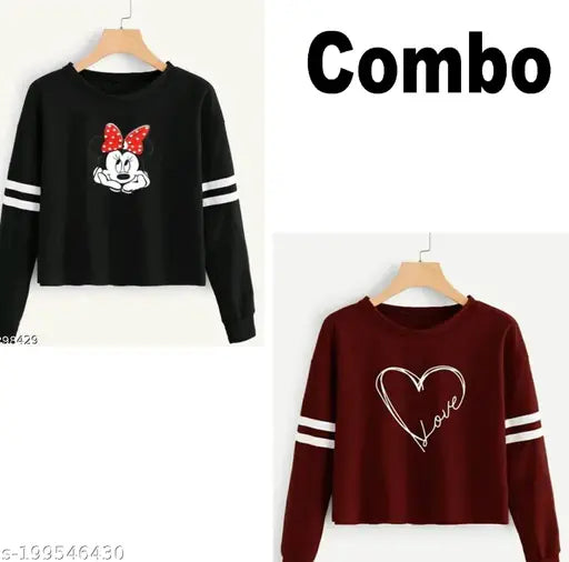 Printed full sleeve round neck cotton blend T-shirts (2 pack) for women and girls, perfect for year-round casual wear. Breathable, soft, and stylish design ideal for holidays. Made in India