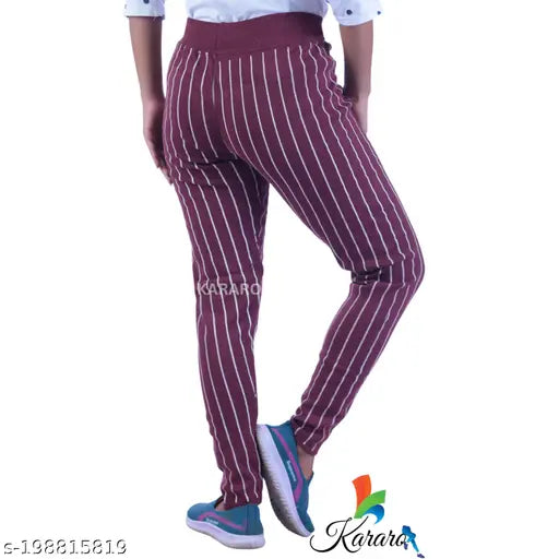 Striped cotton blend jeggings for women. Recycled OE fabric, medium quality, trendy and lightweight. Available in sizes 26-34 & free size (Waist: 34, Length: 36, Hip: 13). Made in India