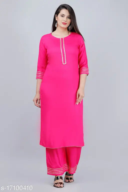 Rayon MAUKA Women Gota Work Kurta Plazzo Set, three-quarter sleeves solid color traditional Indian outfit for women, single set in sizes XS-5XL made in India