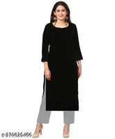 Black velvet kurti, trendy women's fashion, solid black velvet three-quarter sleeve kurti from India
