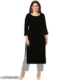 Black velvet kurti, trendy women's fashion, solid black velvet three-quarter sleeve kurti from India