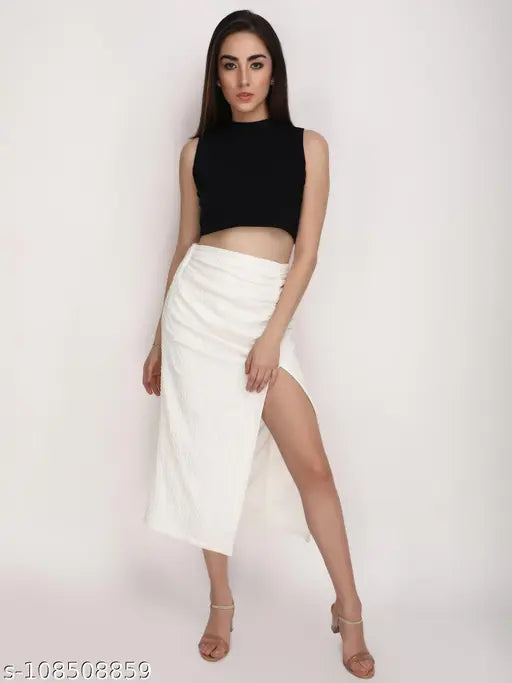 Jakanary white textured side-slit skirt, fine quality polyester fabric, traditional party wear for women (size 26, 30, 32, 34, 36)