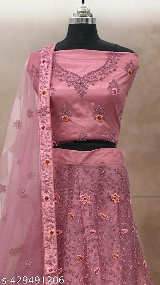 Pink net lehenga choli set with dupatta and blouse, embroidered for Indian occasions