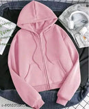 Fleece, solid color, women's short hoode jacket - suitable for spring, fall, casual outings, travel. Hand wash, rib fabric, zip-up hooded crop design. India origin