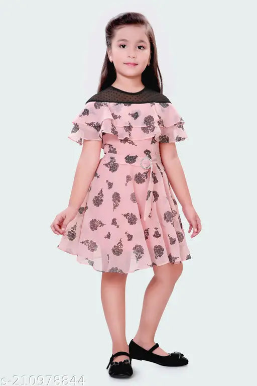 Peach and black chiffon midi dress with around-shoulder frill, lining, concealed zipper, belt, and printed net pattern for 4-14 year olds (size details provided)