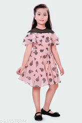 Peach and black chiffon midi dress with around-shoulder frill, lining, concealed zipper, belt, and printed net pattern for 4-14 year olds (size details provided)