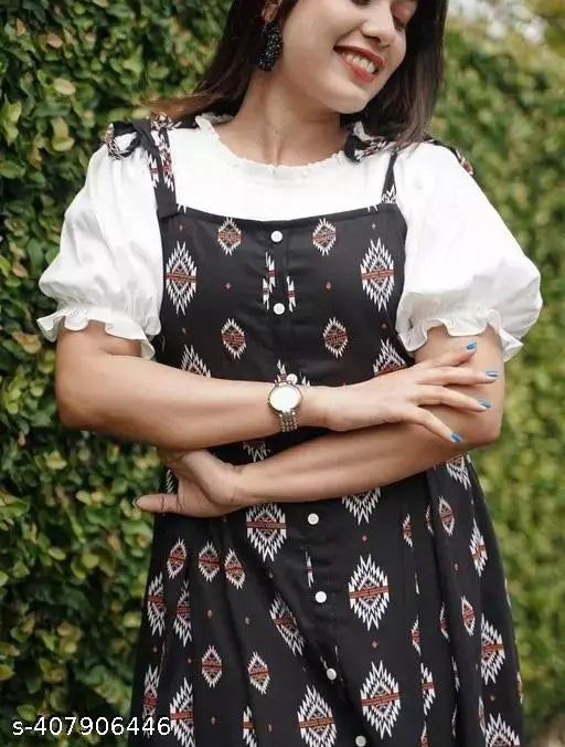 Viscose rayon printed dungaree dress (S, M, L, XL, XXL). Vibrant patterned women's dress for versatile style and comfort