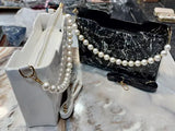 Marble PU classic sling bag for women & girls, features pearl handle and long shoulder strap