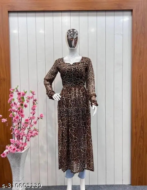 Georgette kurtis, long-sleeved printed Indian kurta with single sizes S to XXL