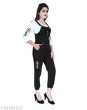 Black cotton dungaree jumpsuit for women, trendy fashionable party and casual wear, printed net pattern with three-quarter sleeves (N), sizes M (34-20-28) & L (36-20-30)