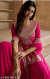 Ethnic motifs embroidered sequinned scalloped Georgette kurti & sharara dupatta, Indian fashion wear with three-quarter sleeves
