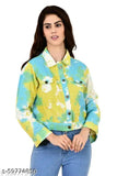 Blue printed denim women's jacket, Creation Shifa brand, long sleeves, India-made