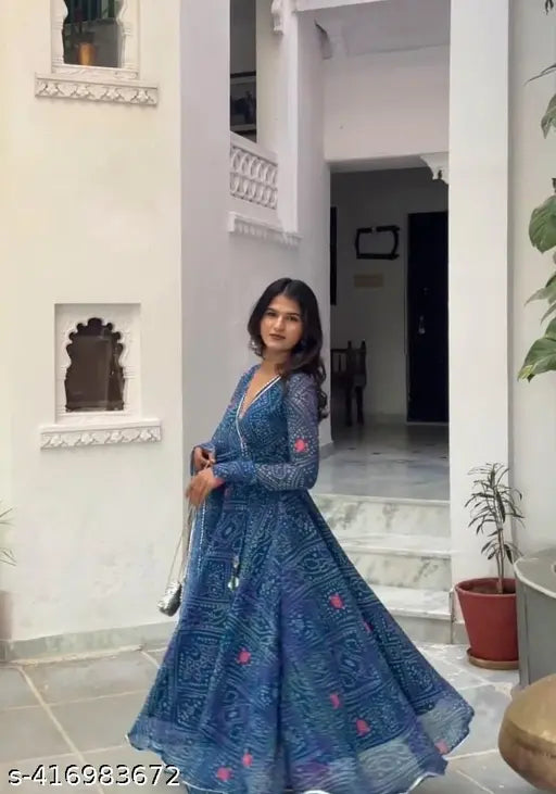 Georgette gown with printed net dupatta set for women, long sleeves, size S-XXL, Indian origin on mannequin