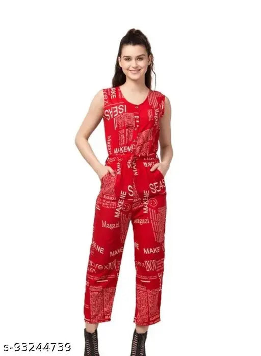 Red crepe printed jumpsuit, Western wear for women on mannequin