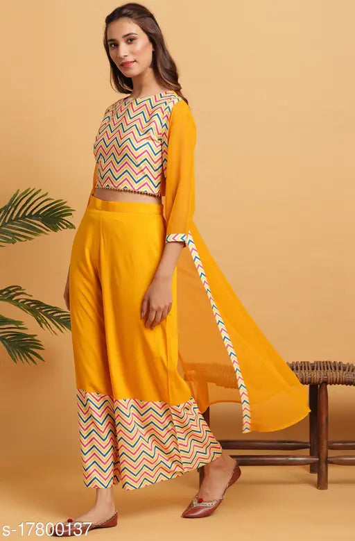 Women's poly crepe printed crop top kurti with palazzos, three-quarter sleeves, India-origin fashion