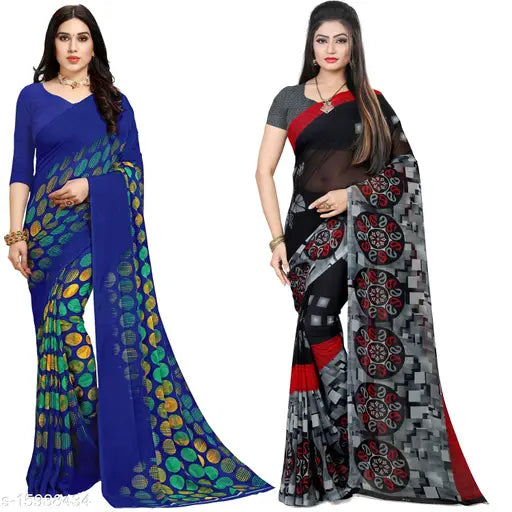 Two free-size daily wear Georgette sarees with printed blouses, Indian-made