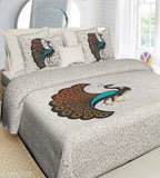 Indian-origin peacock printed double bedsheet combo pack, featuring 2 peacock bedsheets and 4 matching pillow covers