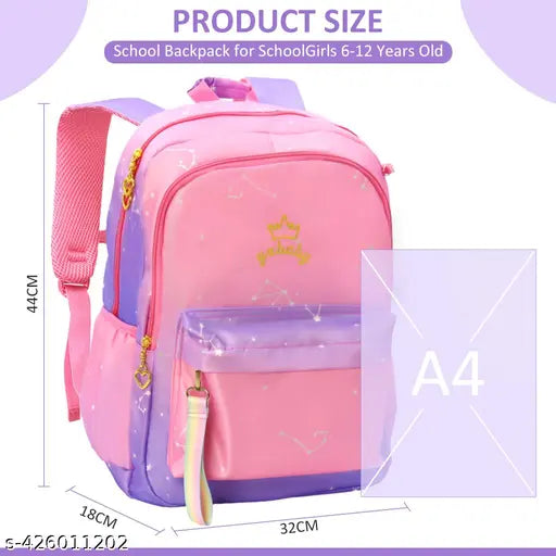 Durable purple gradient nylon school backpack for girls, free size (17x12in), perfect for ages 6-12