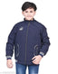 Solid black cotton blend boys' jacket with printed net design, perfect for outdoor adventures