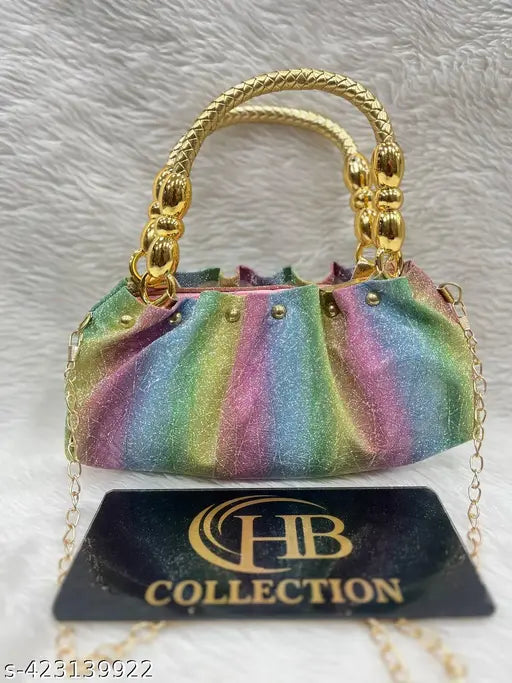 Radiant Rainbow Multicolor Clutch with Golden Stripe, vibrant PU textured net clutch for women & girls, free size, 10 in x 3 in