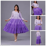 Tie-dye cotton lurex flared gown, embellished pattern, long sleeves, suitable for all seasons, Indian origin