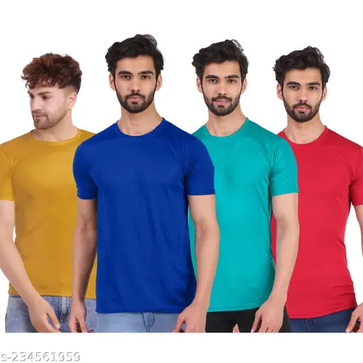 Men's DriFit Solid T-Shirt Combo (4-Pack): Mustard, RBlue, SGreen, Red - Durable polyester, perfect for sports & gym wear in various sizes