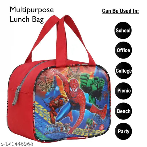 Waterproof polyester lunch tiffin bag for school, office, picnic. Features: ultra-lightweight, water-resistant, 1L bottle holder, elastic pouch, trendy self-design, suitable for kids, all-time favourite cartoon characters, made in India