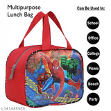 Waterproof polyester lunch tiffin bag for school, office, picnic. Features: ultra-lightweight, water-resistant, 1L bottle holder, elastic pouch, trendy self-design, suitable for kids, all-time favourite cartoon characters, made in India