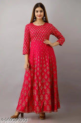 Pink rayon anarkali kurta, three-quarter sleeves, printed combo, festive season wear, House of Style n Fashion Jaipurite