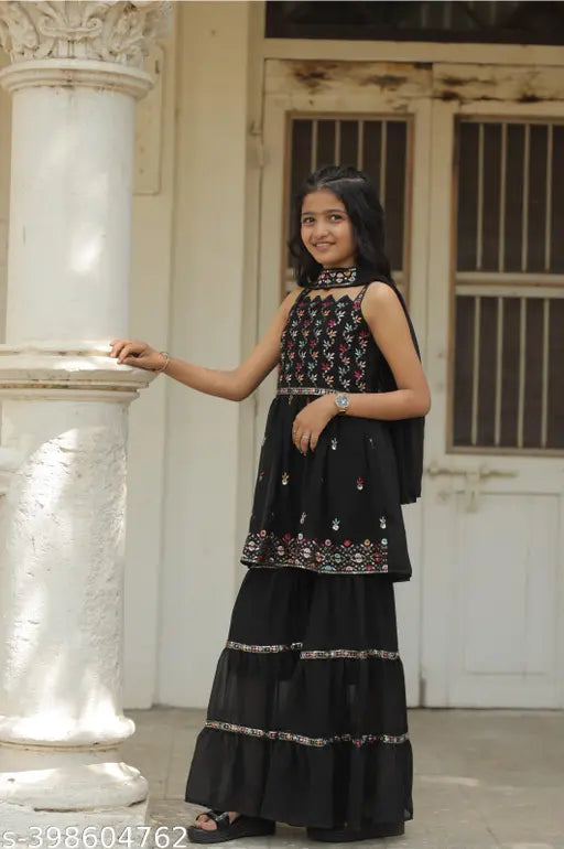 Black embroidered Georgette sharara set with matching dupatta, versatile ethnic ensemble for special occasions