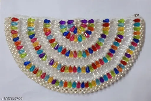 Rosy multicolor round fabric clutch, embroidered net, free size (10in x 5in), casual trendy women's accessory from India