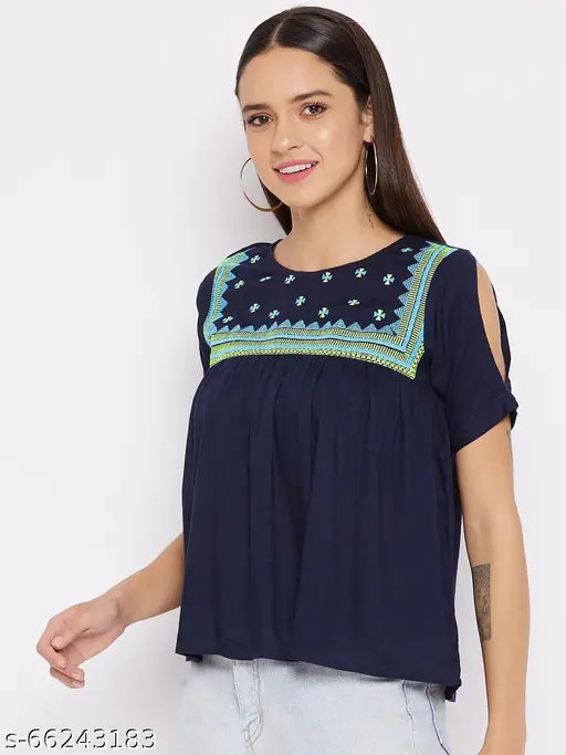 Navy-Blue rayon embroidered yoke A-line top with short sleeves, suitable for various occasions. Perfect for casual or party wear with jeans, skirts, or trousers. Made in India
