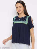 Navy-Blue rayon embroidered yoke A-line top with short sleeves, suitable for various occasions. Perfect for casual or party wear with jeans, skirts, or trousers. Made in India