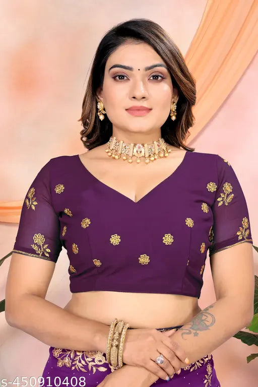 Purple embroidered Georgette silk saree with lightweight blouse, ideal for parties and weddings