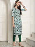 New crepe traditional kurti in printed combo, three-quarter sleeves, S-XXXL. Hand wash soft. Indian fashion wear with mule shoes