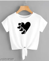 White lycra crop top with heart print for women & girls, trendy round neck knot style, short sleeves, India origin