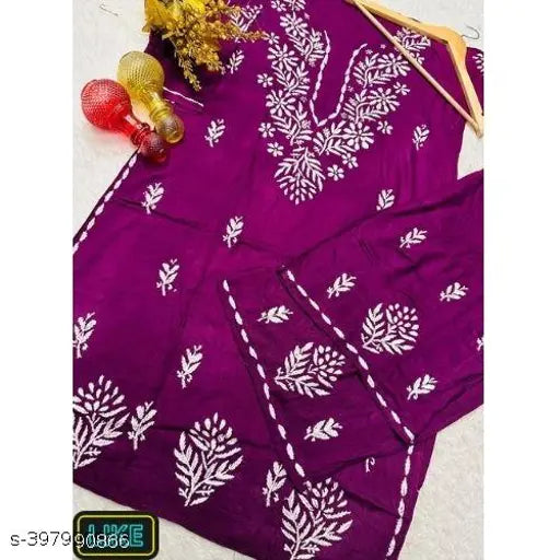 Rayon embroidered chikankari kurti and palazzo set, three-quarter sleeves, India origin