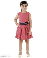 Pink polycrepe fit-and-flare dress, knee length, self-design net, kids cave brand, 3 years to 12 years