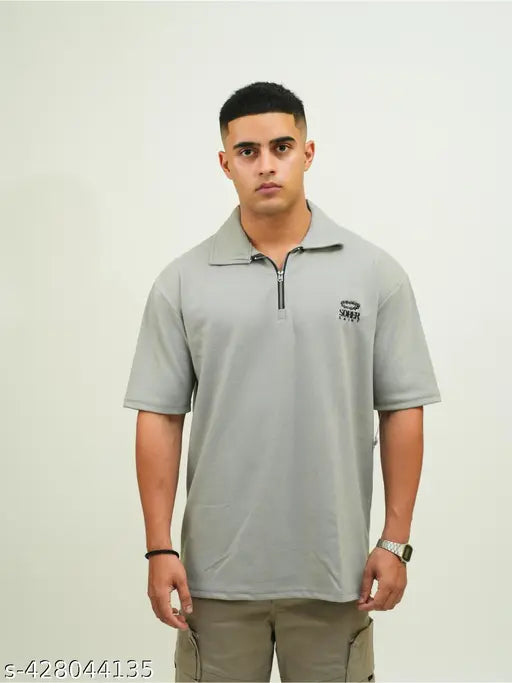 Grey dropshoulder polo t-shirt with zipper, half sleeve, and classic collar by SOBER SAINT - men's casual wear from India