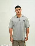 Grey dropshoulder polo t-shirt with zipper, half sleeve, and classic collar by SOBER SAINT - men's casual wear from India