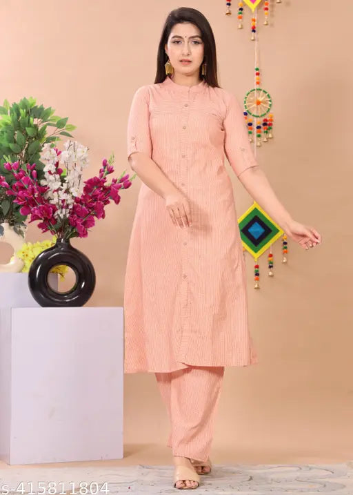 Handloom cotton Katha kurta palazzo set for women and girls, solid color traditional Indian wear with short sleeves and pockets