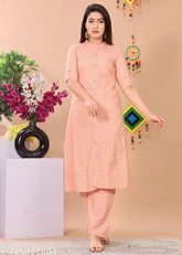 Handloom cotton Katha kurta palazzo set for women and girls, solid color traditional Indian wear with short sleeves and pockets