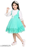 Green embroidered cotton kids' party dress, 3/4 sleeve and knee-length, India