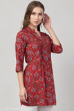 Maroon rayon floral tunic with pleats and side belts for women, maroon color
