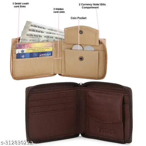 Vegan leather round zip wallet, faux leather, compact men's & women's wallet, 3 credit card slots, 2 currency compartments, 1 coin pocket, secret pockets, India-made, solid pattern