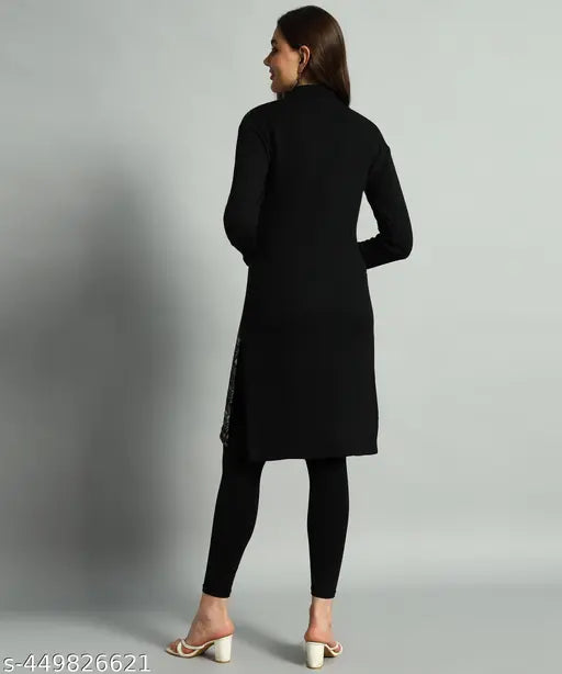 Striped three-quarter sleeve wool kurtas for women (L - bust 36in, length 39in), woolen winter set from India