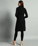 Striped three-quarter sleeve wool kurtas for women (L - bust 36in, length 39in), woolen winter set from India