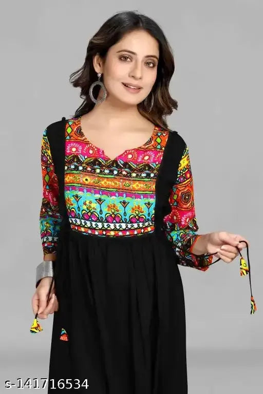 Black printed rayon Anarkali Kurta with three-quarter sleeves, trendy women's fashion from RIYA FASHIONS (India)