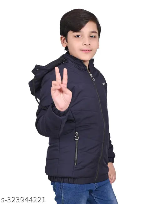 Blue cotton kids bomber jacket, regular fit with detachable hood and functional pockets for winter wear