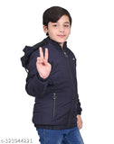 Blue cotton kids bomber jacket, regular fit with detachable hood and functional pockets for winter wear